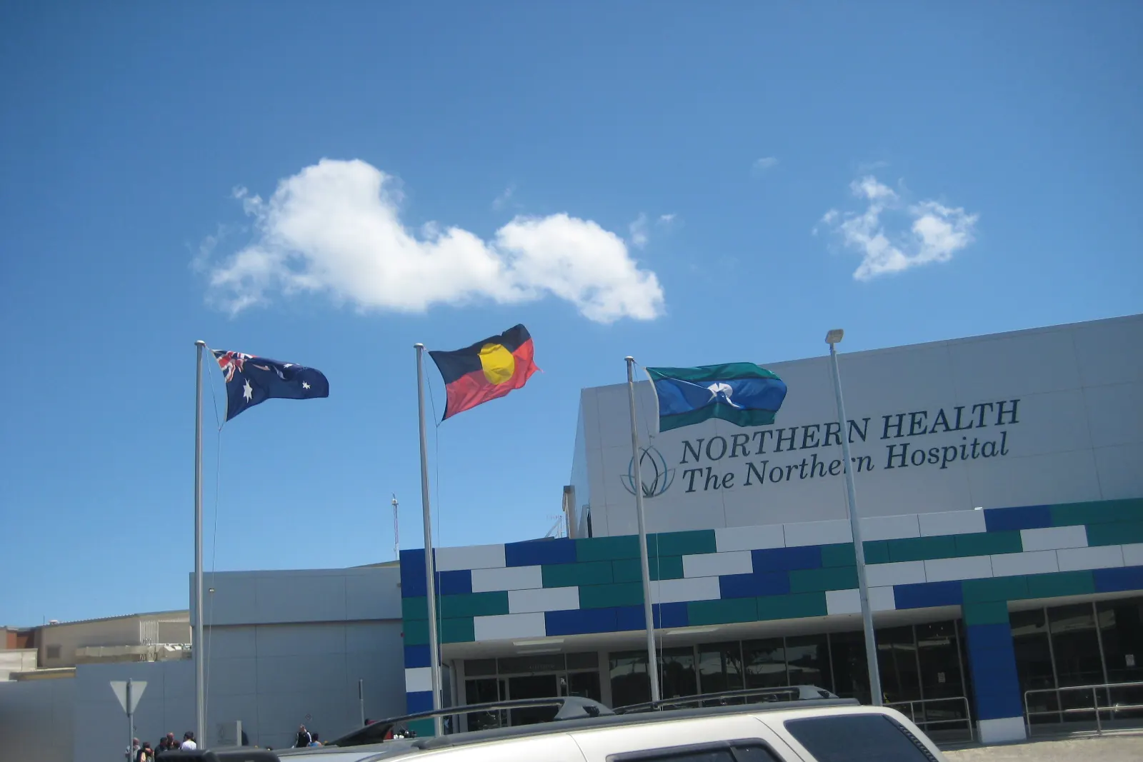 Australian Aboriginal Flags on flagpoles outside Northern Hospital in Epping
