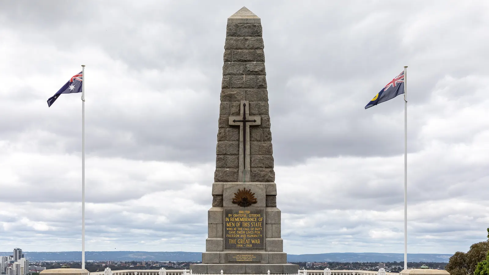 The Australian National Flag on flagpoles beside the State War Memorial in Kings Park, Perth