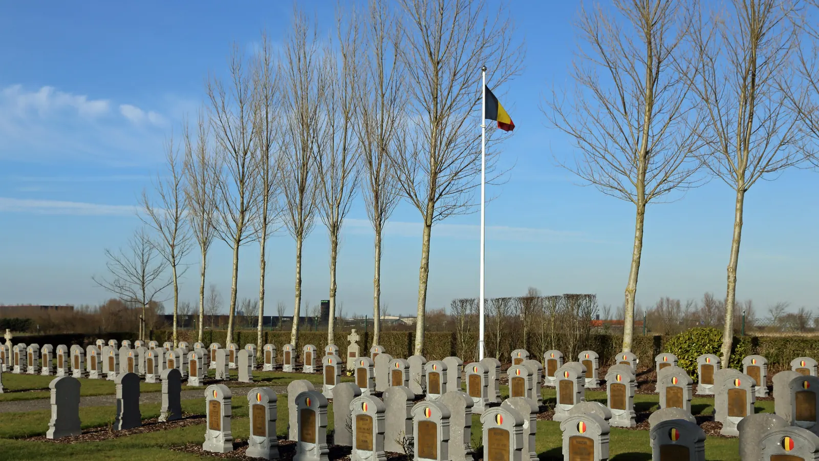 De Belgische militaire begraafplaats in Steenkerke met de vlag aan een hoge mast tussen kale bomen