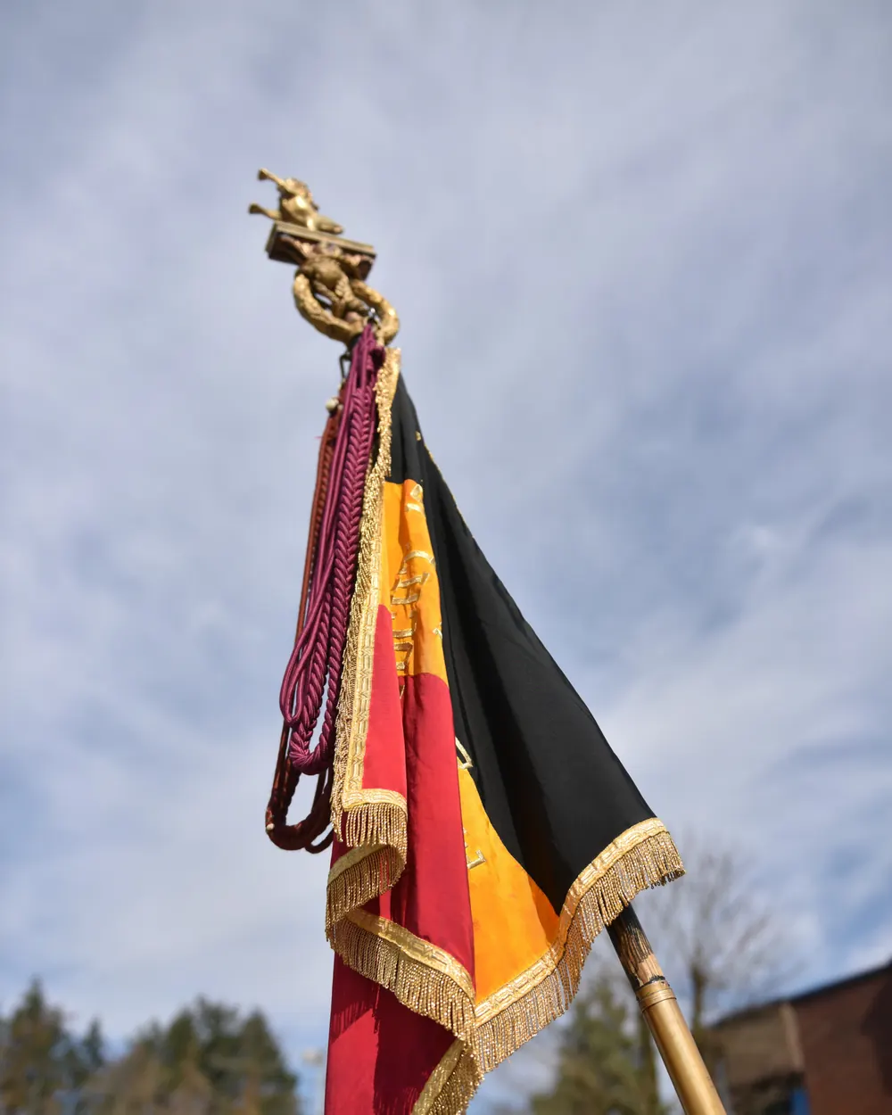 Een Belgisch vaandel met gouden franje en speerpunt aan een stok