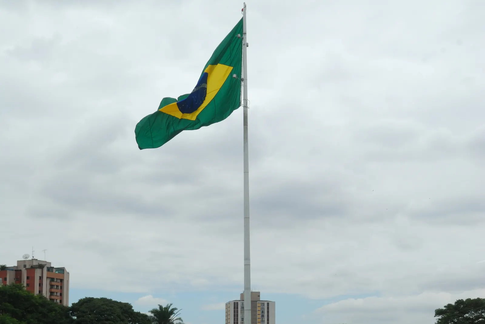 Um mastro fincado no gramado do Parque da Independência, em São Paulo, com a Bandeira Nacional