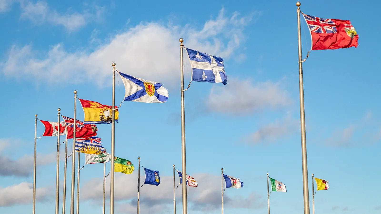 The flag of Canada flying beside the flags of all the provinces and territories on a row of flagpoles