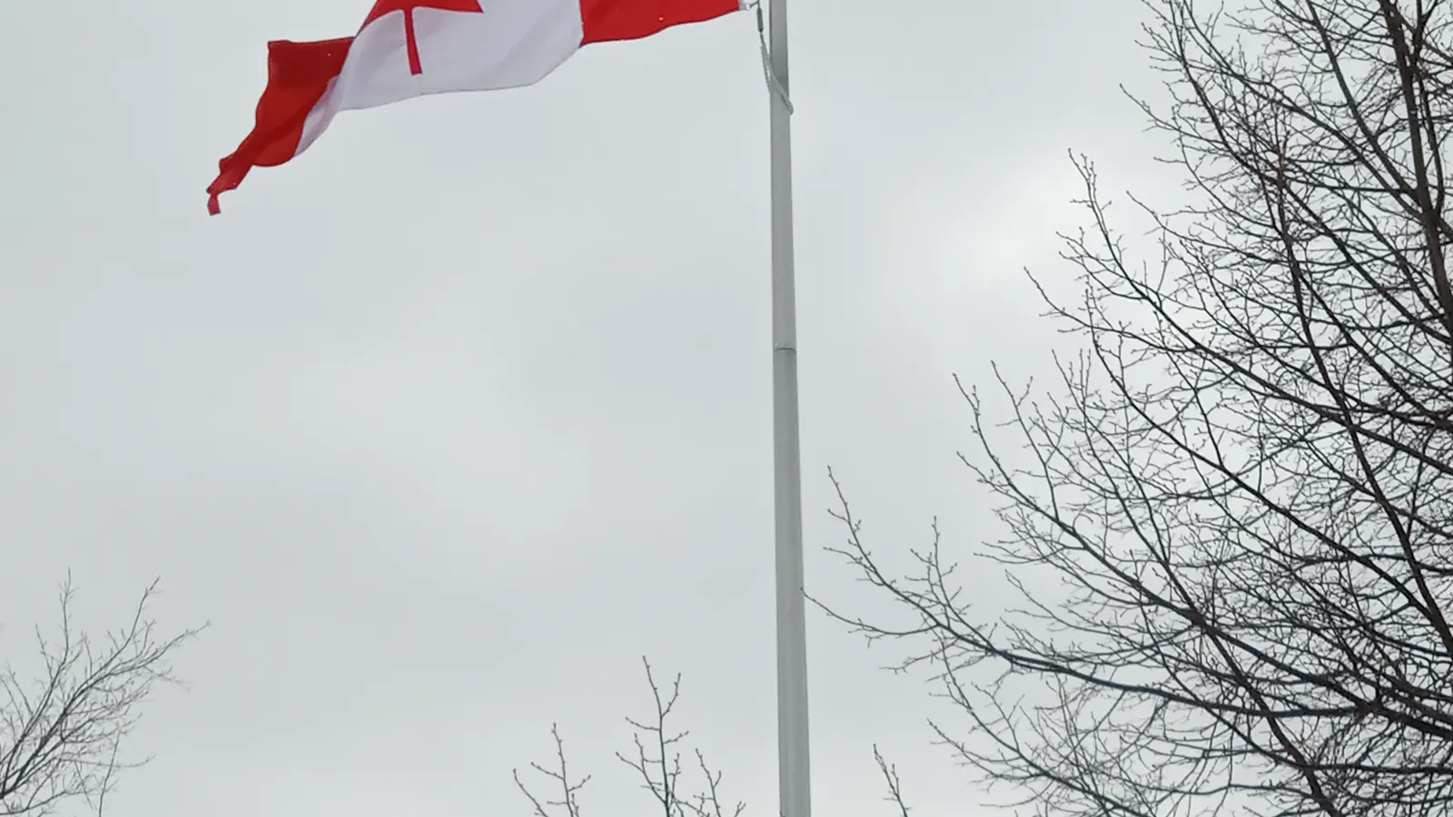 A tall flagpole with a large flag of Canada beside a restaurant in Waterdown, Ontario