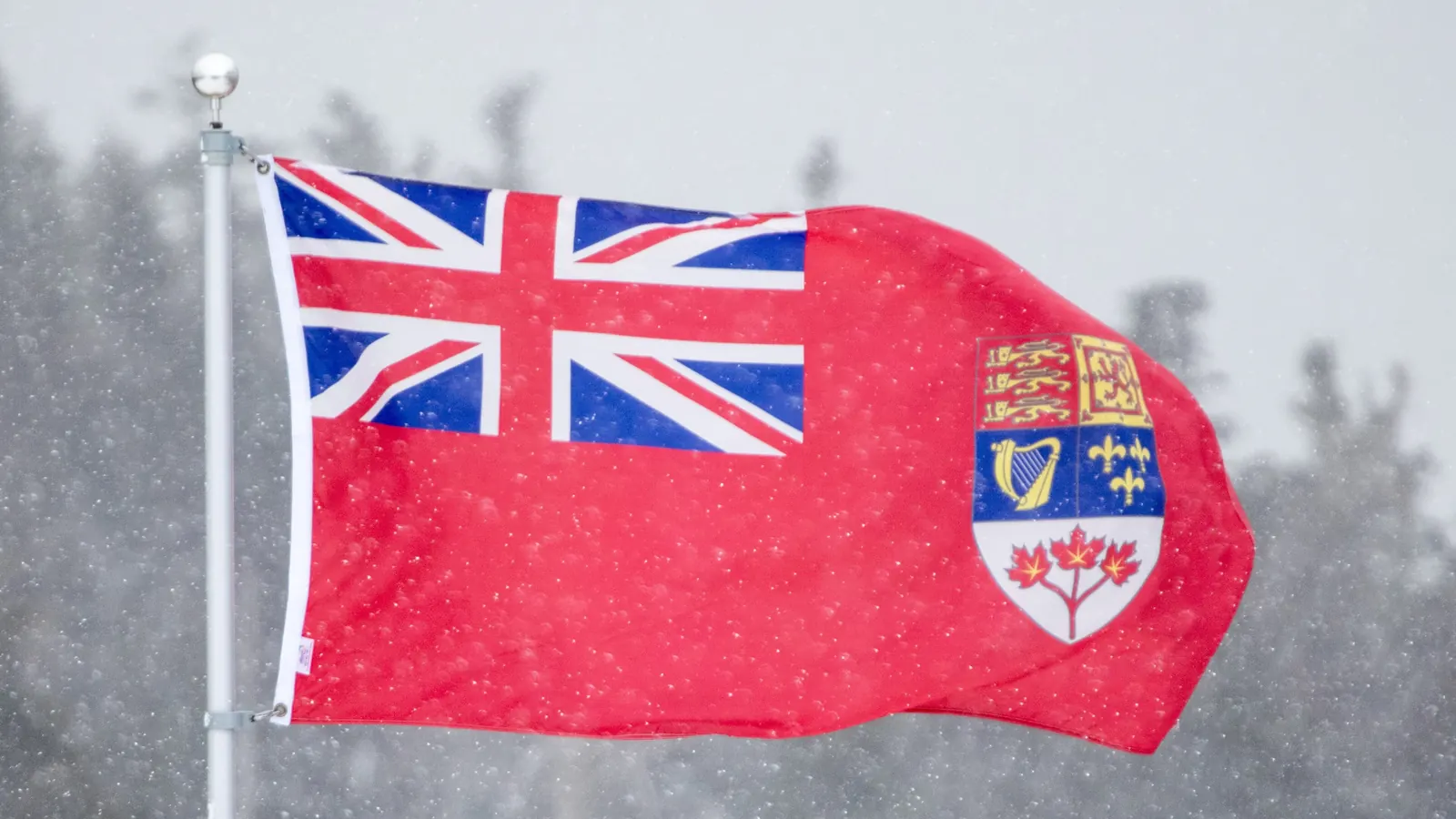 The Canadian Red Ensign flying in a snowstorm in Souris, Prince Edward Island
