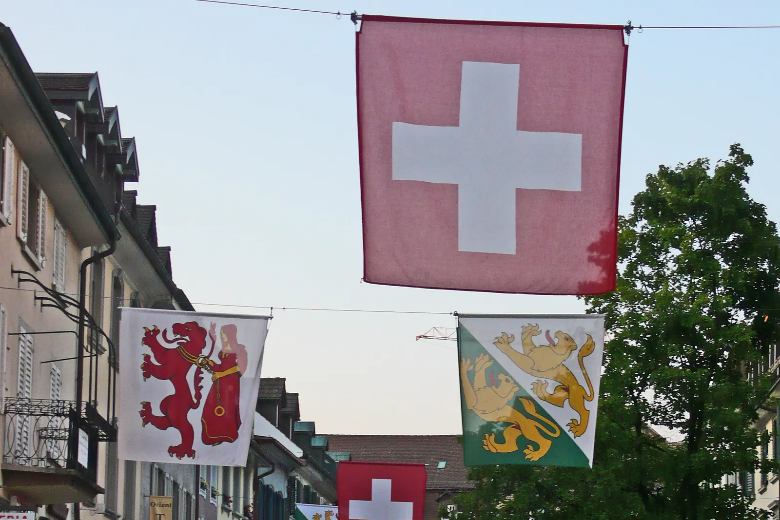 Schweizerfahne und Thurgauer Fahnen an Seilen über der Freien Strasse in Frauenfeld