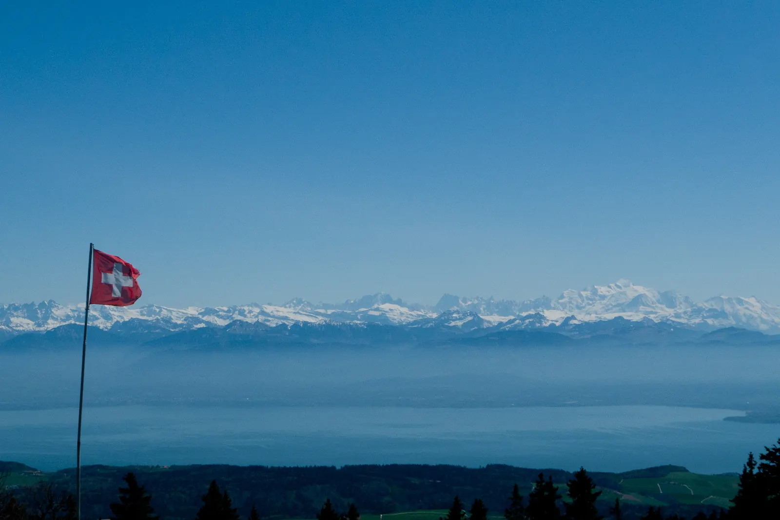 Schweizerfahne an einem Mast im Jura, dahinter das Mittelland und die Alpenkette