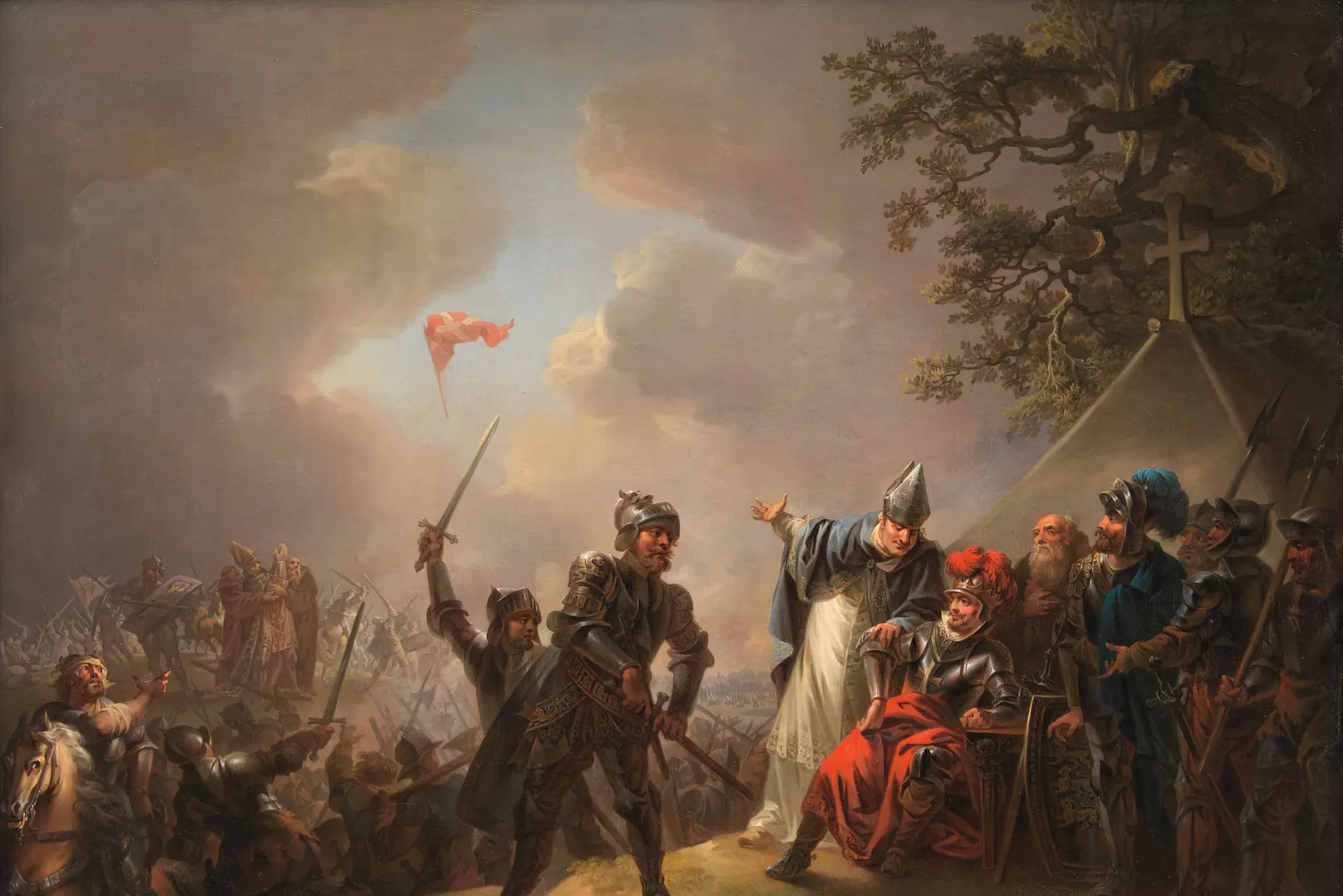 Maleri af et slag, hvor et rødt flag med hvidt kors svæver ned fra skyerne over hæren