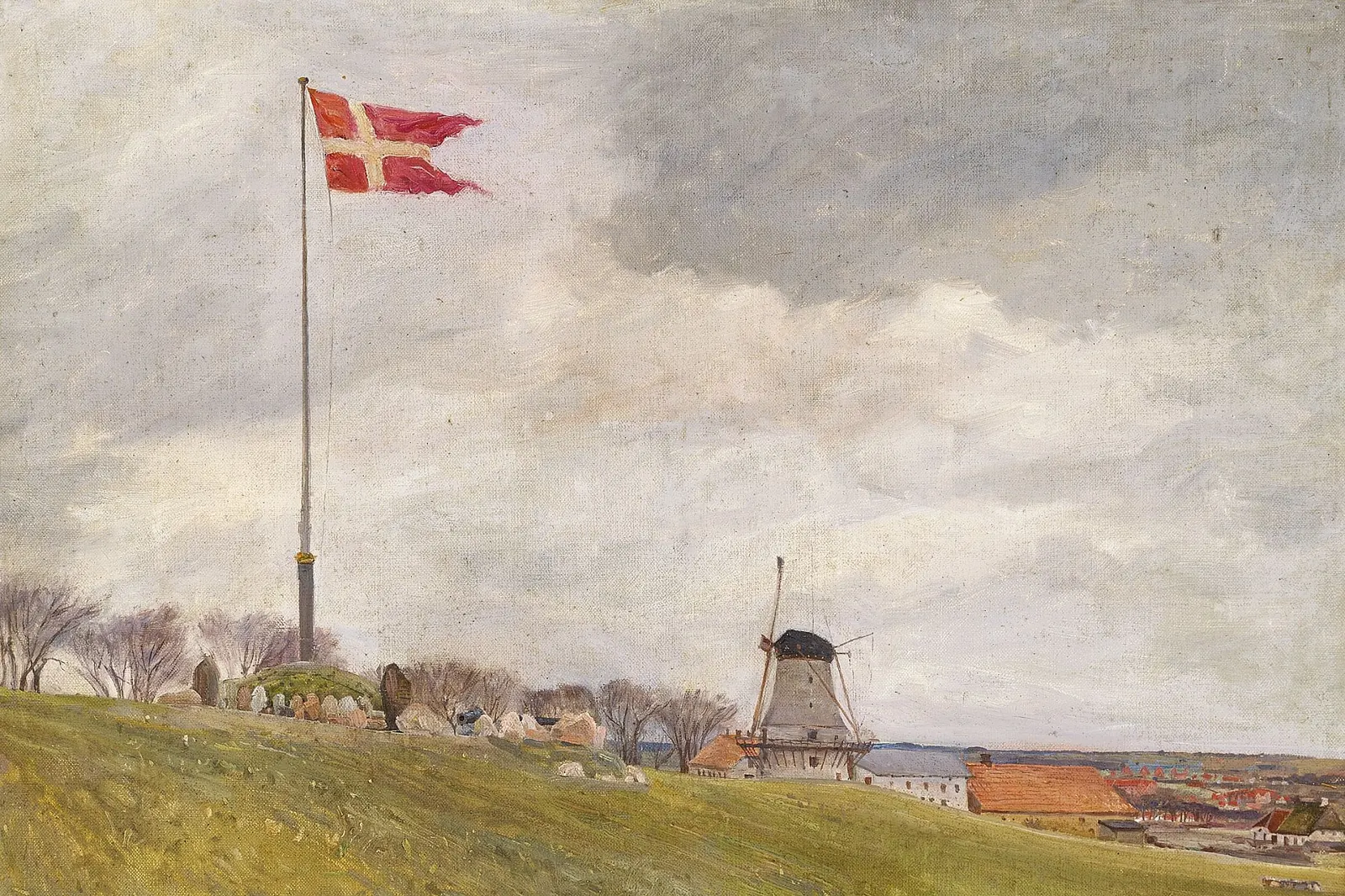 Maleri af Dannebrog på en høj flagstang ved Dybbøl Mølle under en skyet himmel