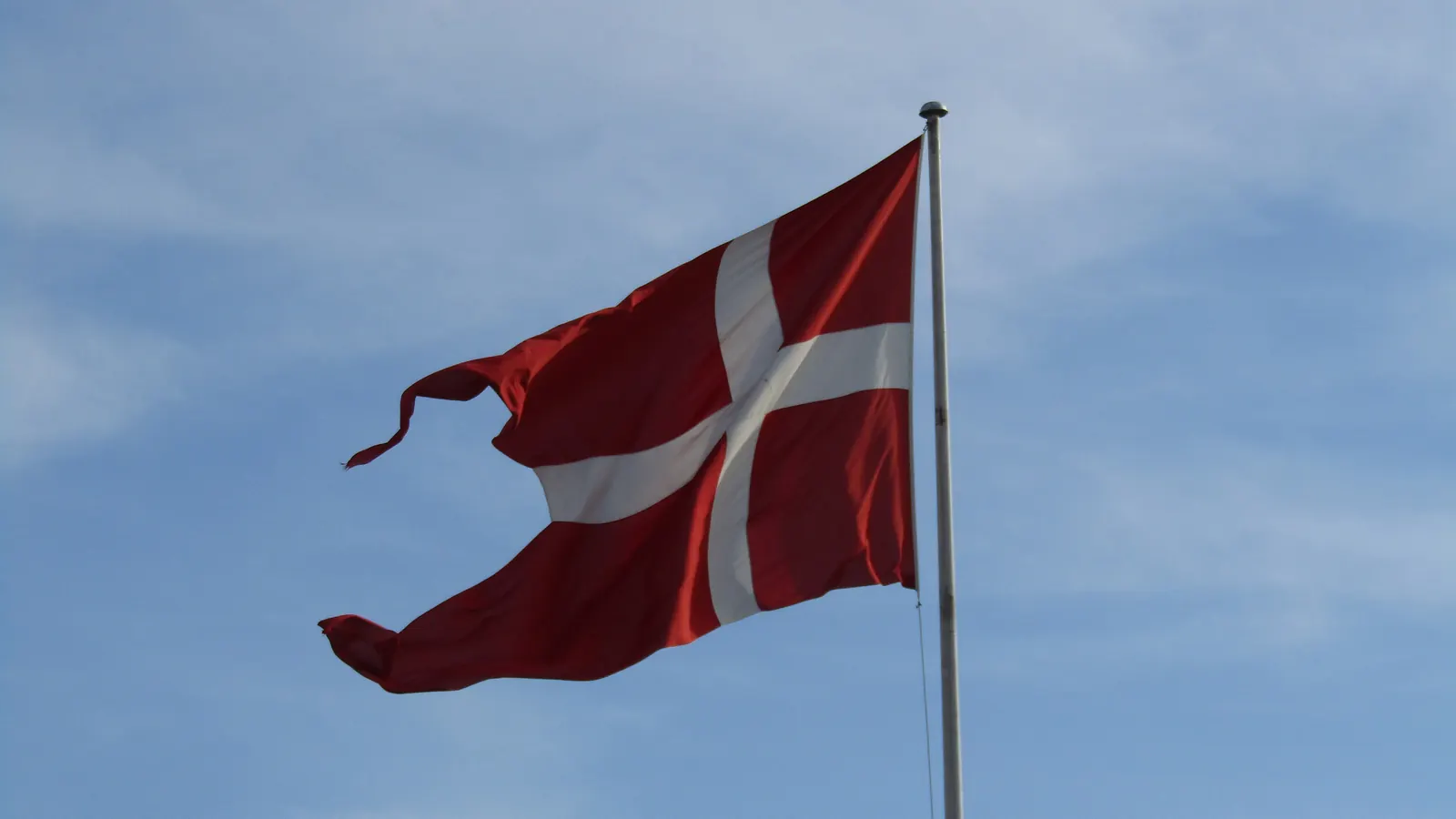 Splitflag med svalehale vajer på en flagstang mod en lys himmel