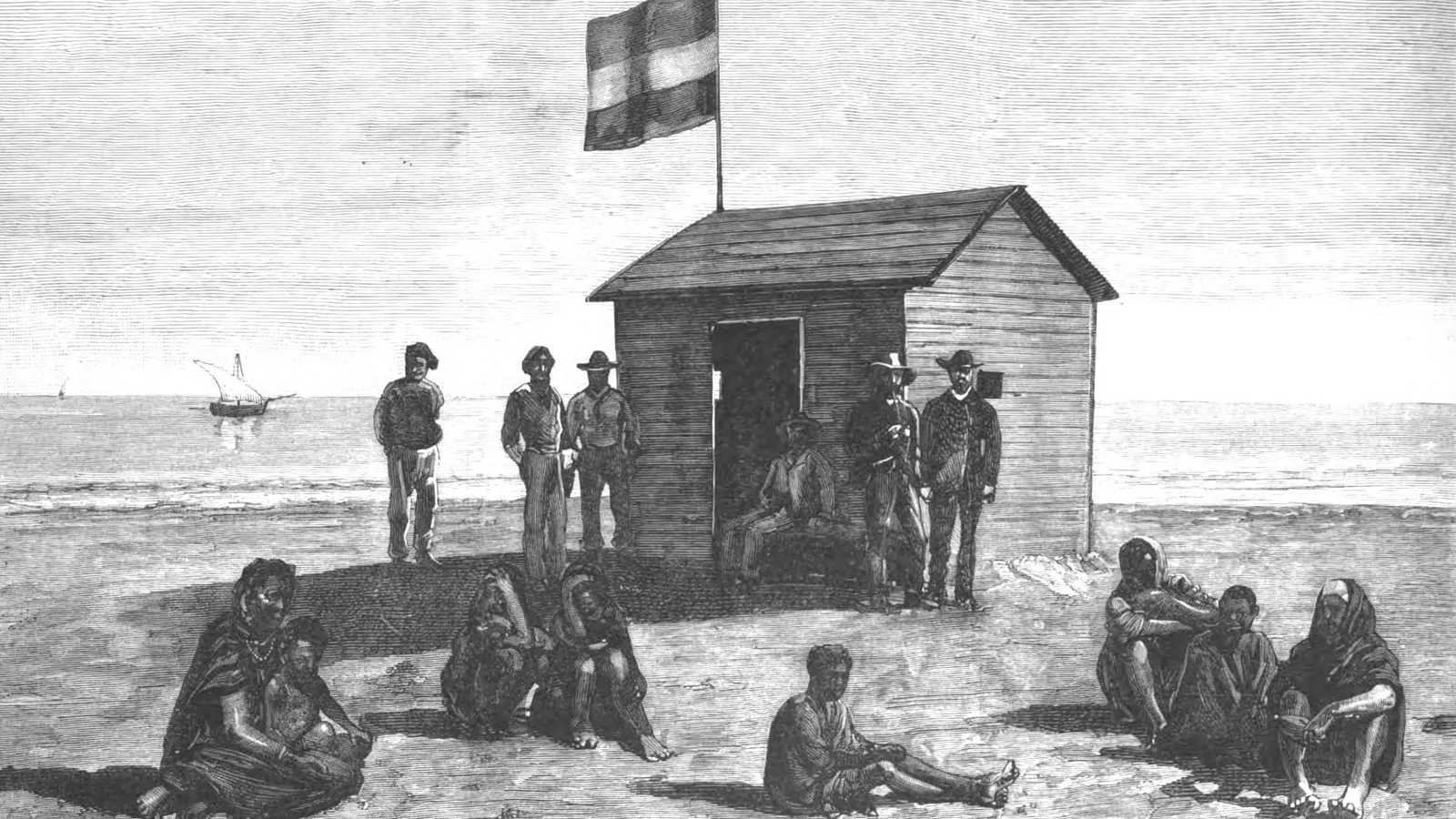 Grabado de 1885 de La Ilustración Española y Americana con una bandera rojigualda en un mástil junto a una cabaña