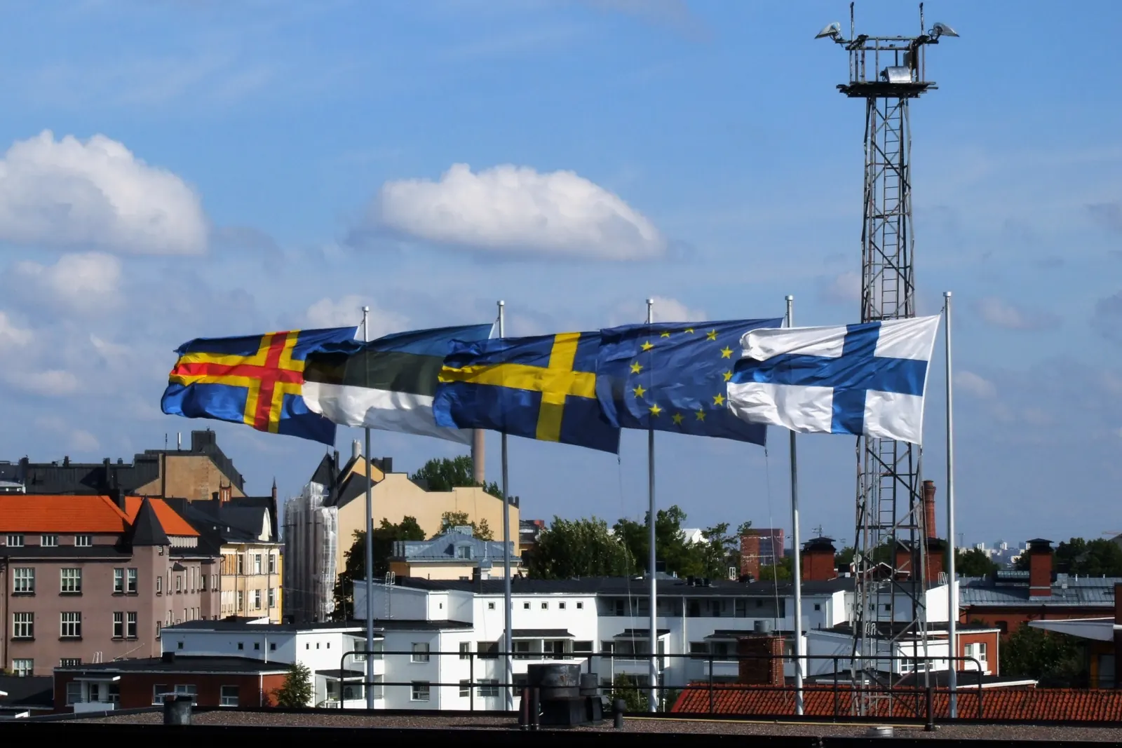 Ahvenanmaan, Viron, Ruotsin, EU:n ja Suomen liput salkorivissä