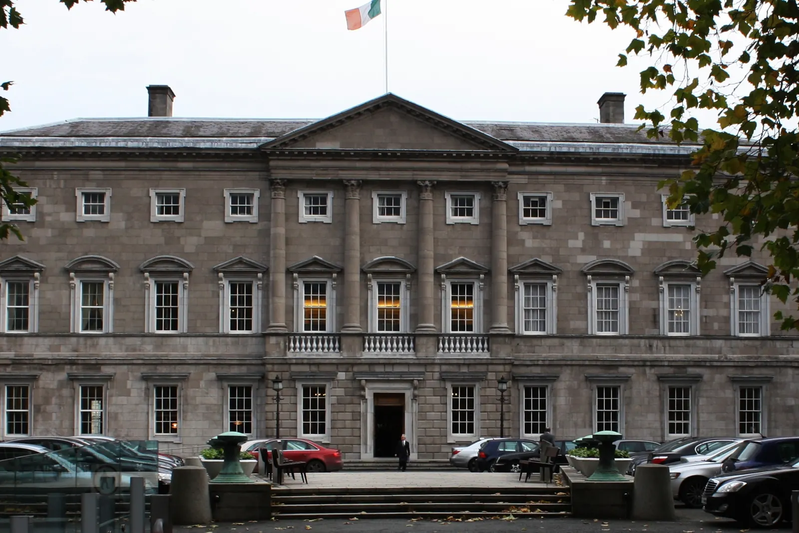 Leinster House in Dublin with the National Flag