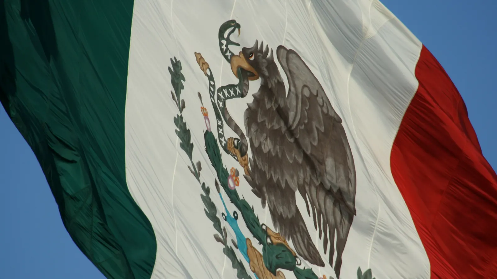 Detalle del escudo nacional en la bandera: el águila devorando una serpiente sobre un nopal, entre encino y laurel