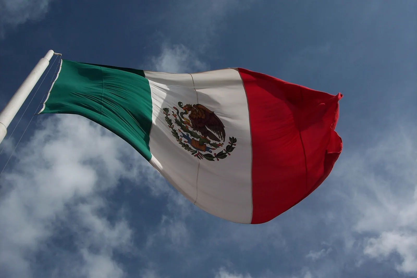 La bandera verde, blanca y roja ondea en un asta entre nubes