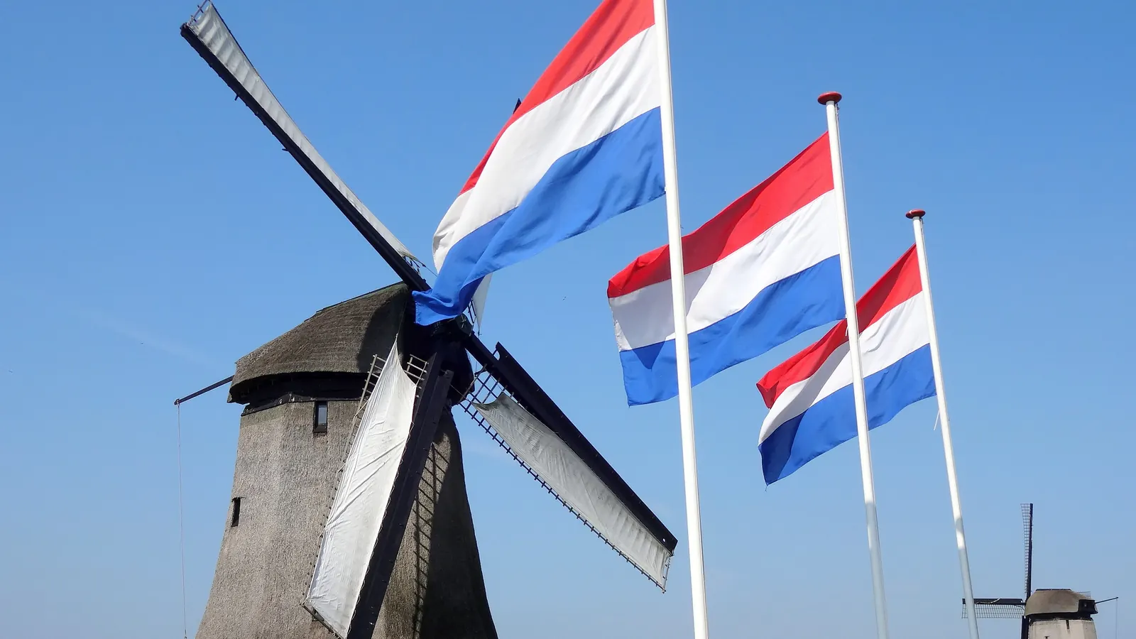 Een molen in Schermerhorn met drie Nederlandse vlaggen aan masten tegen een blauwe lucht