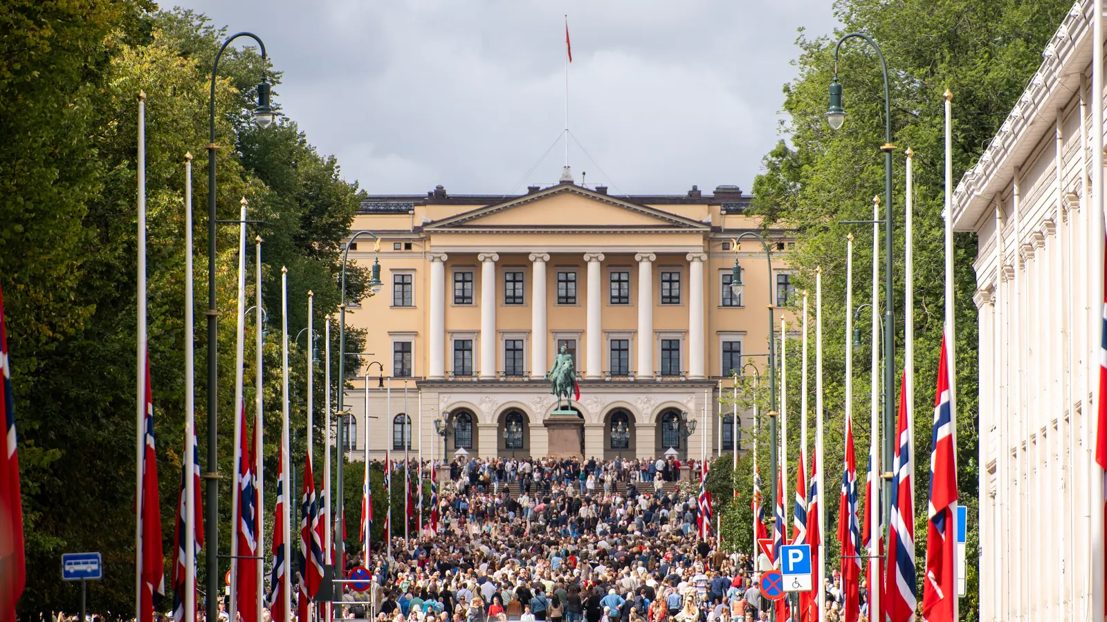 Norske flagg på halv stang langs Karl Johans gate opp mot Slottet i Oslo
