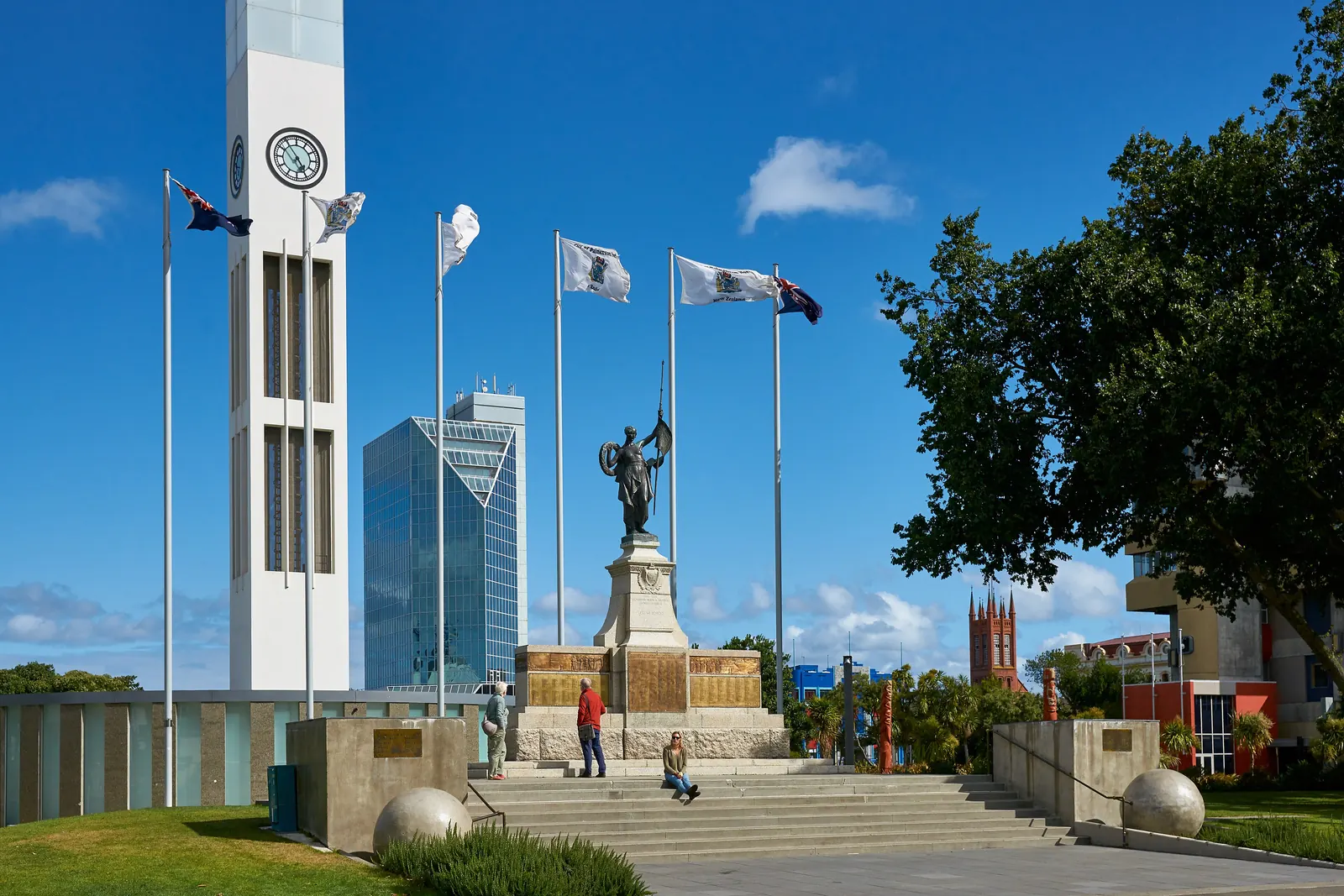 Flags in The Square in Palmerston North, among them the New Zealand flag and the city flag