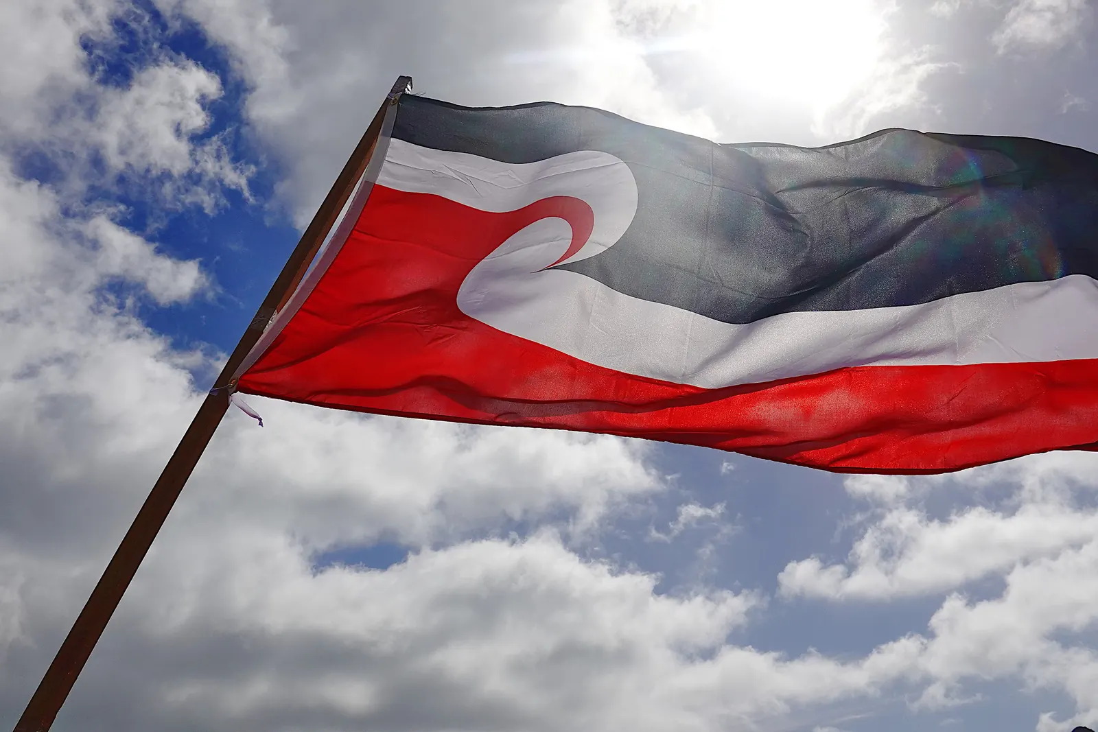 The Tino Rangatiratanga flag flying against the sky