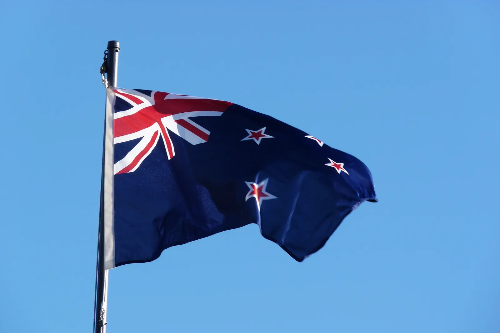 The New Zealand flag on a flagpole in the wind