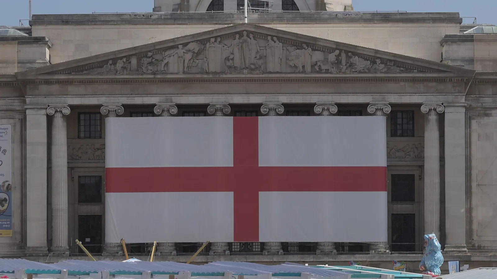 A large St George’s Cross flag hung between the columns of the Council House in Nottingham