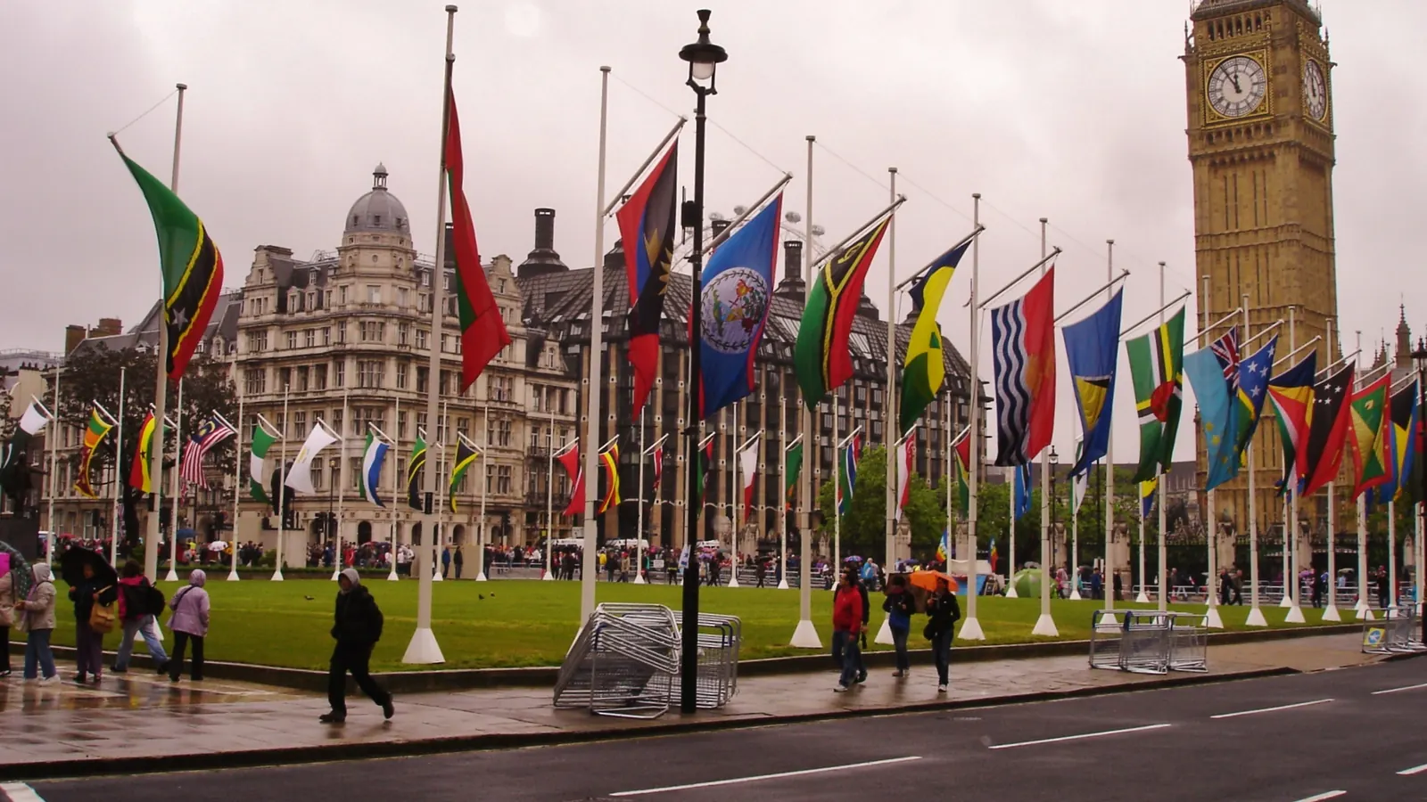 Flags of the Commonwealth countries on Parliament Square with Big Ben behind