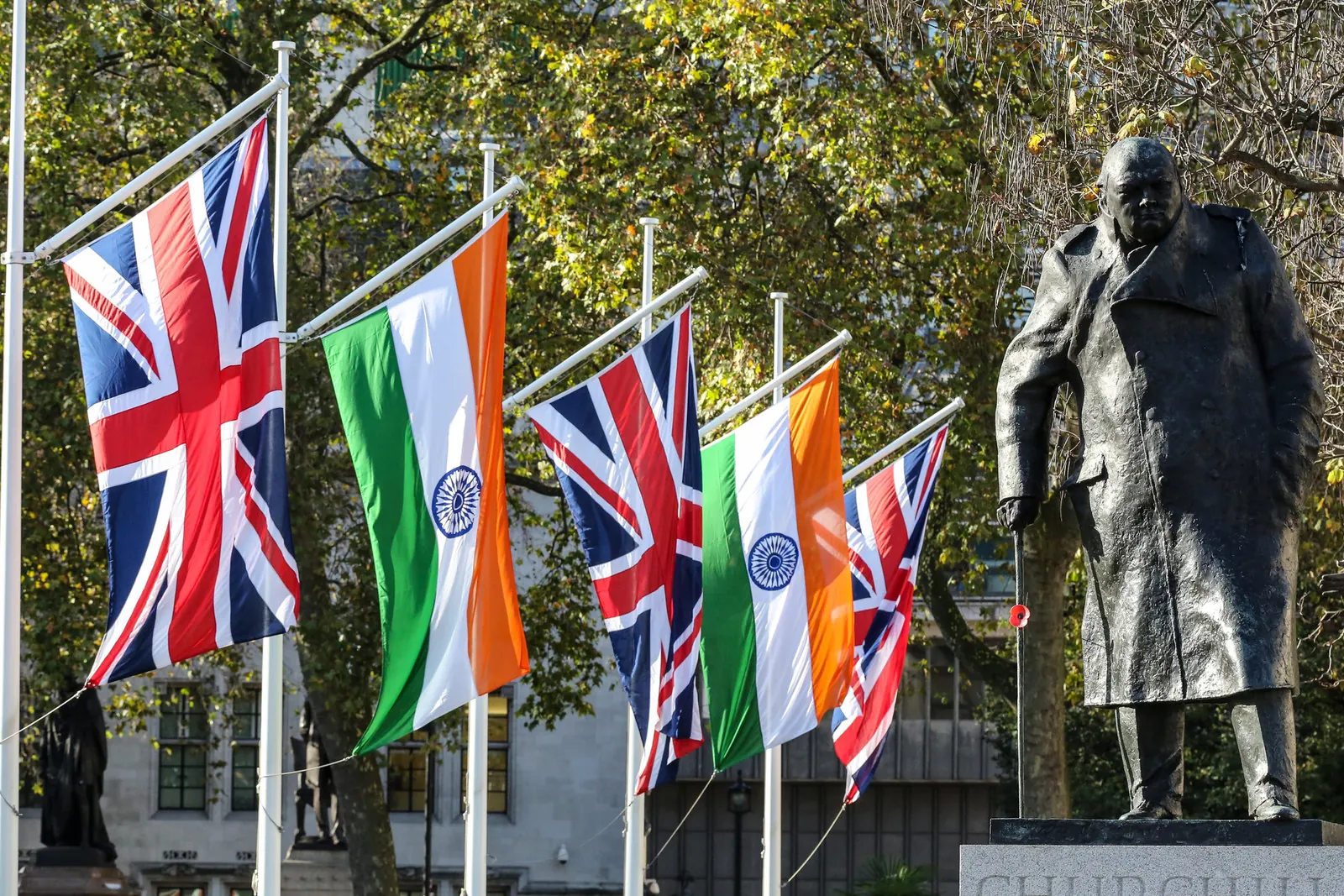 The Union Flag and the flag of India beside the Churchill statue during a state visit
