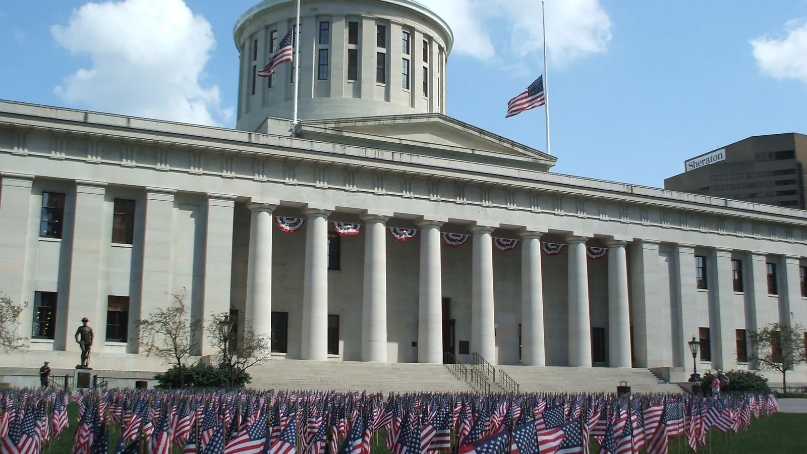 The Ohio Statehouse with a field of small flags commemorating the victims of September 11, 2001